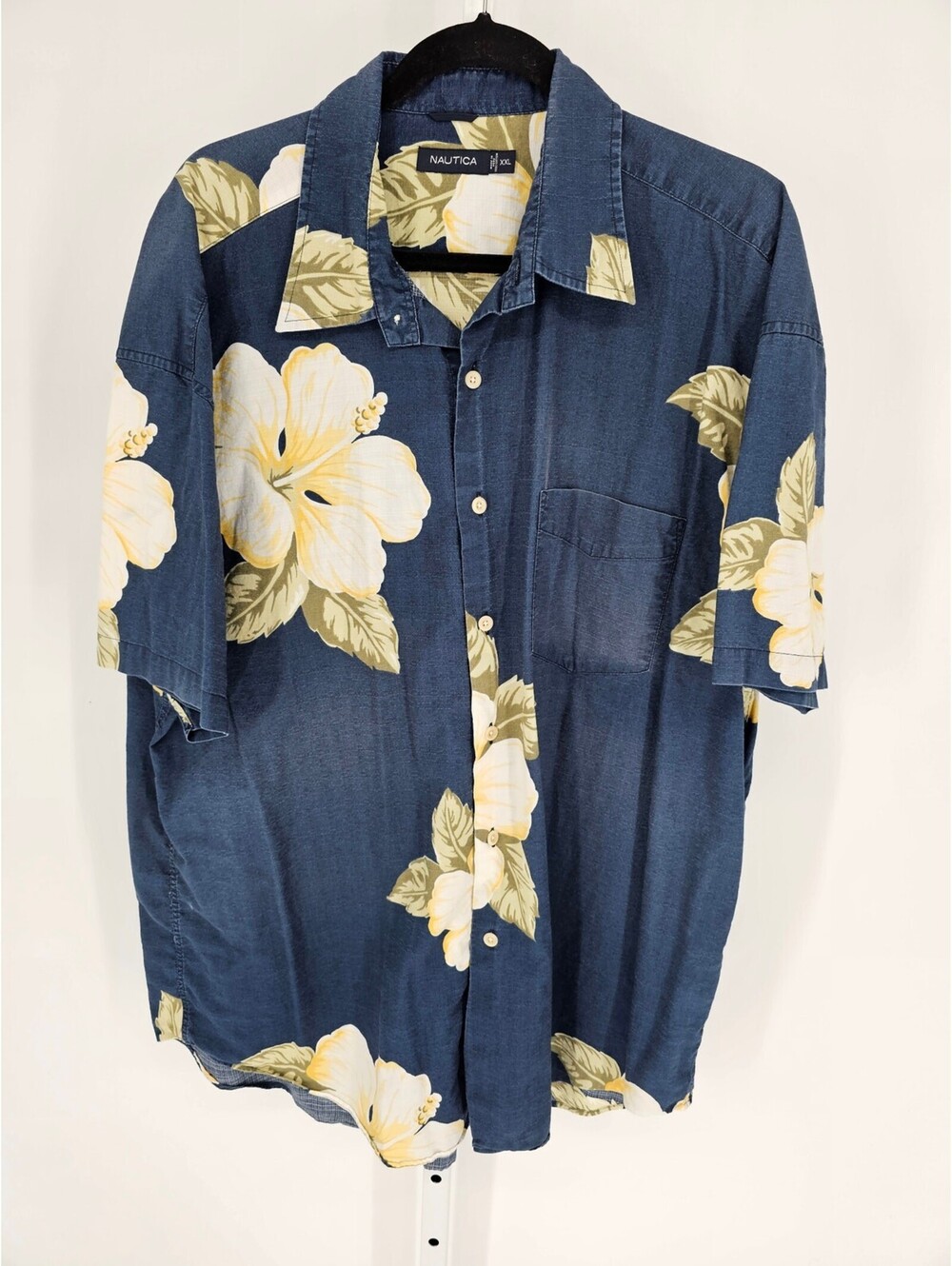 Nautica Mens Sz XXL Short Sleeve Button Up Shirt Blue Hibiscus Floral Print
